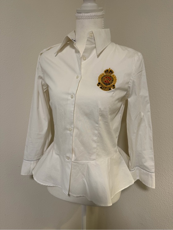 Ralph Lauren Tops - Ralph Lauren White Peplum Button-Down Shirt with Gold Crest Plaid Trim Preppy